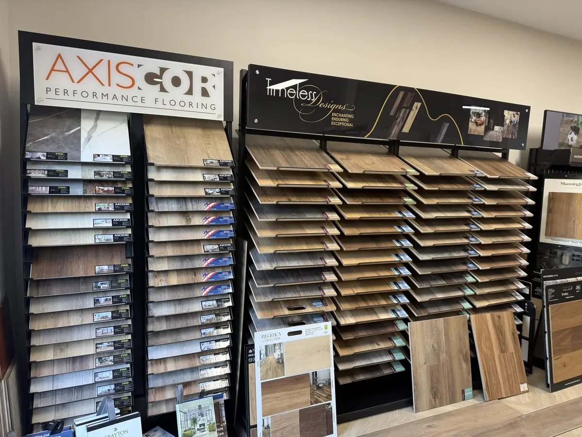 AxisCor and Timeless Designs flooring sample displays in the Hometown Floor Covering showroom